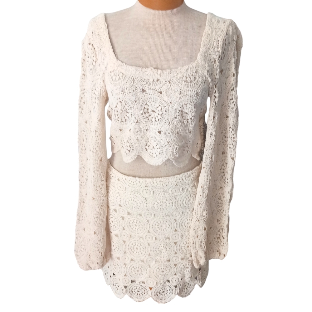 Chic Cream Womens Lace Crop Top and Skirt Crochet Boho Matching Set Beige